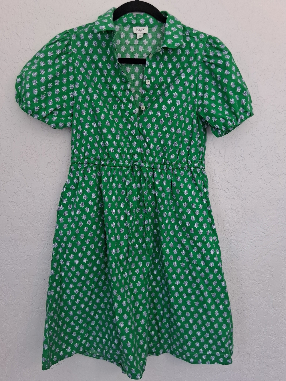 J. Crew Green Floral Block Print Puff Sleeve Shirt Dress Drawstring Cotton Mini